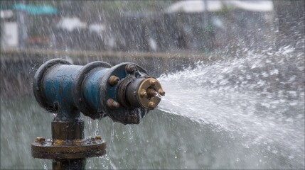 Close-Up of Water Spraying from Industrial Pipe in Rainy Weather at Waterfront Location