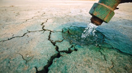 Water Flowing from a Metal Faucet Into a Dry Cracked Ground in Natural Environment