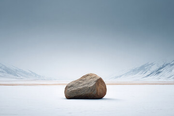 Snow-covered rock formation remote valley nature photography serene winter landscape wide-angle view minimalism and isolation