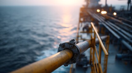 Loading arm transferring oil to tanker vessel at terminal