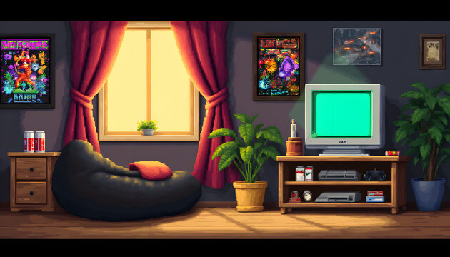 Pixel art rooms and retro city scenes with cozy lighting, nostalgic tech and vintage fall vibes