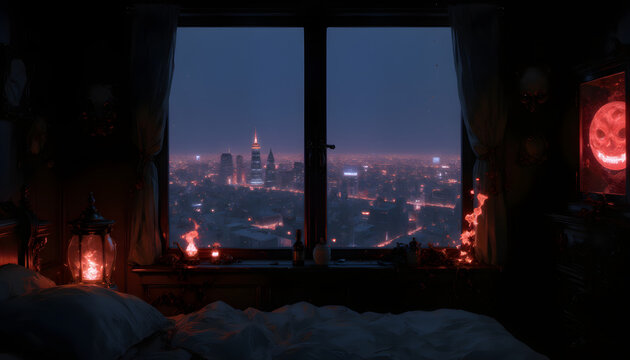 Pixel art rooms and retro city scenes with cozy lighting, nostalgic tech and vintage fall vibes