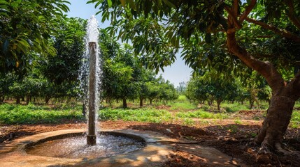 Water fountain in lush mango orchard with green trees and bright blue sky enhancing nature's beauty in rural landscape