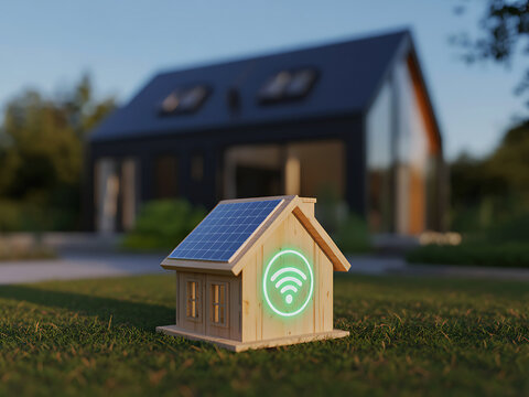 Miniature smart eco home with solar panel and glowing Wi-Fi icon on green grass outdoors