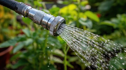 Close-Up of a Garden Hose Spraying Water on Lush Green Plants with Blurred Background in Bright Natural Light