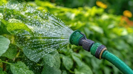 Close-up of Water Hose Spraying Water on Fresh Green Leaves in a Lush Garden Setting