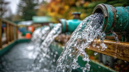 Flowing Water Through Green Pipes in an Outdoor Setting Surrounded by Nature and Fall Foliage