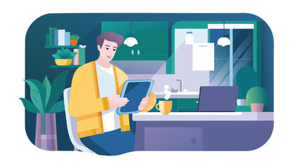 Obraz premium Illustration of a man sitting at a desk holding a tablet in a home office environment with plants and laptop