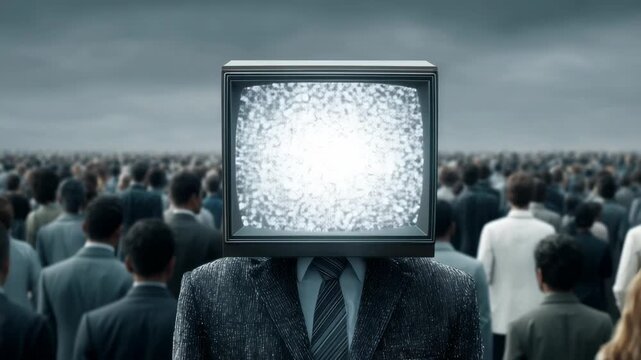 Ominous Man with Television Head in Vast Conforming Crowd