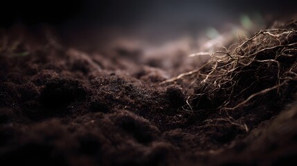 Intricate soil texture with visible roots and earthworms