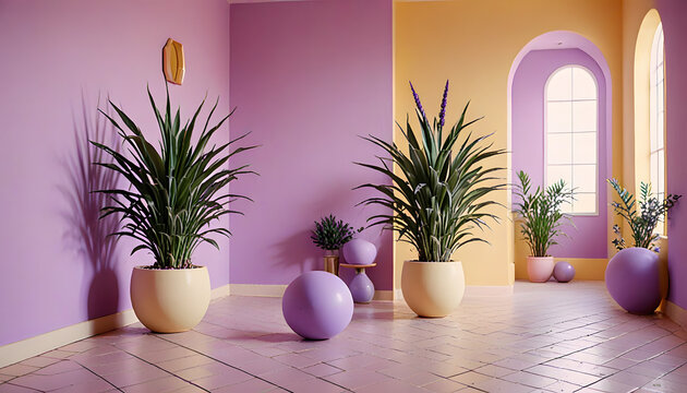 Modern interior with plants, pastel walls, minimalist decor and soft natural light in a cozy setting