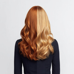 Obraz premium Gorgeous copper and blond wavy hair coiffure studio shot professional hairstylist model white background vibrant beauty and style hair care and fashion