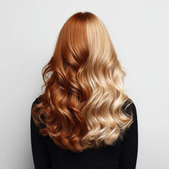 Gorgeous long wavy hair coiffure in copper and blond highlights studio shot of a woman from backview radiant beauty and style in a professional salon environment