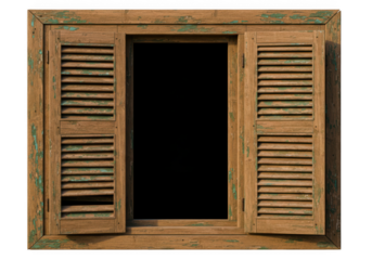 Rustic wooden window frame with shutters isolated on transparent background