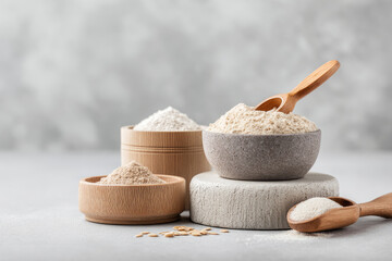 Baking ingredients display flour varieties in natural bowls kitchen setting food photography minimalist design close-up view culinary concepts