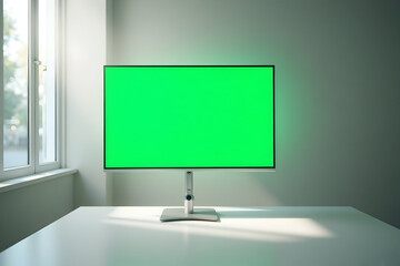 Monitor with Green Screen on White Desk in Bright Room
