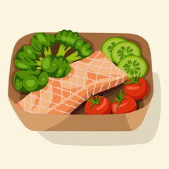 Grilled salmon Healthy Vegetables vector flat illustration