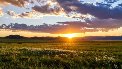 Obraz premium Colorful sunset over a grassy plain