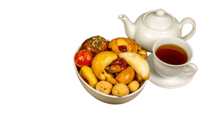 Flat Lay of Assorted Dry Cookies and Tea on Wooden Table