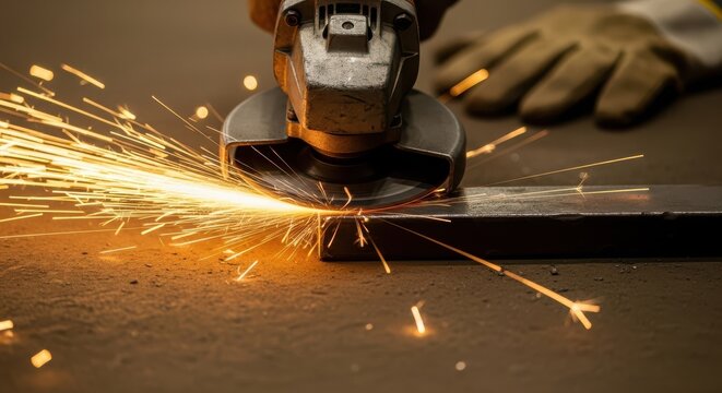 A close-up of a metal grinder cutting through steel, producing bright sparks. A gloved hand is visible, emphasizing the industrial work environment.