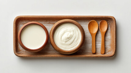 Delicious dairy delight fresh yogurt and milk on rustic wooden tray kitchen setting food photography minimalist viewpoint healthy eating concept