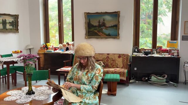 Tourist dressed up inside the communist museum house in Bucharest