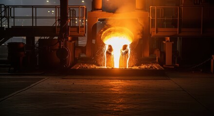 Two workers in protective gear stand near molten metal in a foundry. The scene captures the industrial process of metal casting.