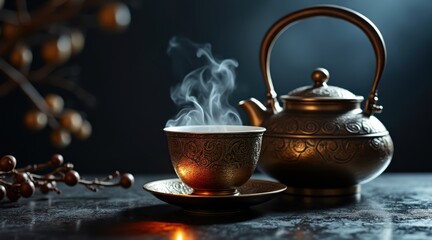 Steaming hot tea in a vintage copper cup with a traditional teapot