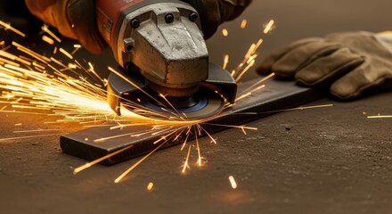 A close-up of a hand using a grinding tool on metal, creating sparks. The worker wears gloves and focuses on the task at hand.