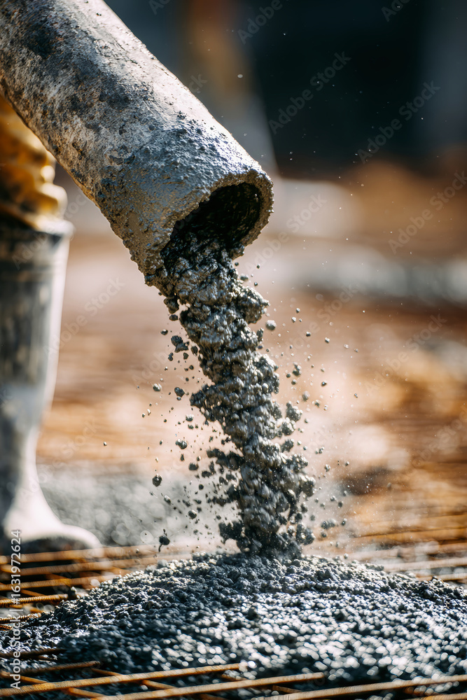 Poster concrete pouring process capturing the intricate details of a construction site with worker's hand a