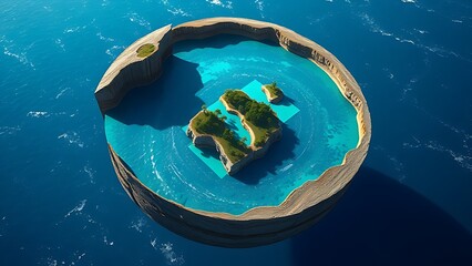 Fototapeta premium A cutaway Earth core reveals an azure ocean with floating islands, defying natural laws.