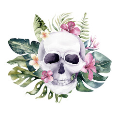 Human watercolor skull with floral tropical bouquets. Mexican Day of the dead. Tropic Head vintage helloween illustration. Retro tattoo death design retro drawing