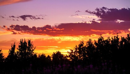 Colorful sunset over trees and flowers