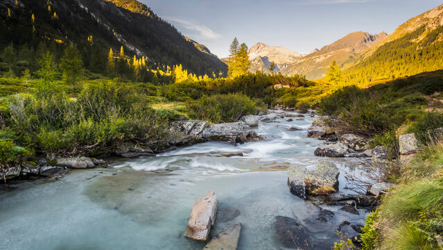 Val di Fumo, Chiese river, Carr&egrave; Alto, Trentino. A mountain stream flows through a lush green valley towards snow-capped peaks under a clear sky.