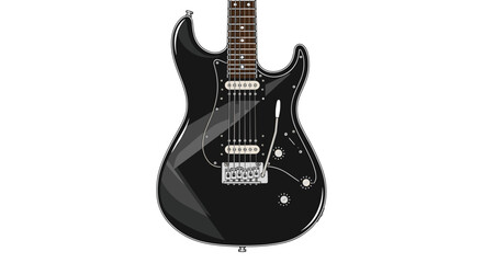 Obraz premium Sleek Black Electric Guitar Isolated: Professional Music Instrument for Rock, Blues, and Studio Recording.