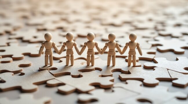 Wooden figures holding hands on a jigsaw puzzle