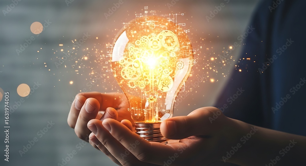 Poster cupped hands cradling a glowing light bulb with intricate mechanical gears and digital circuit patte