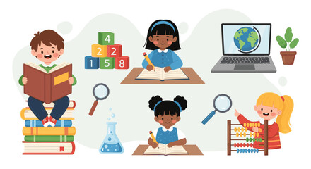 Cheerful Children Learning: A Vibrant Illustration Promoting Education and Diverse Representation for Young Learners