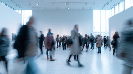 The vibrant atmosphere of a contemporary art gallery filled with visitors.