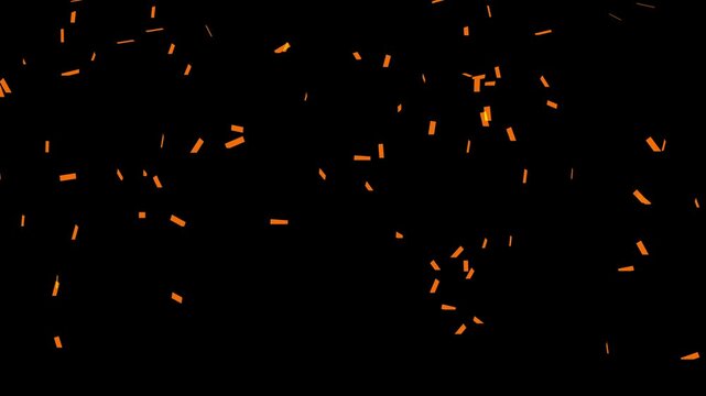 Animation of orange colour confetti falling down on black background. Paper scraps, paper ribbons, celebration strips, party poppers falling down. Celebration Background.
