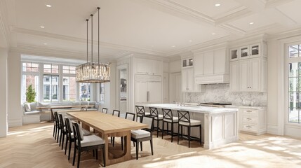 Spacious dining area and kitchen of a large home.