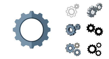 Diverse Gear Illustrations: A Comprehensive Visual Representation of Mechanical Components and Engineering Concepts in Various Stylized Formats.