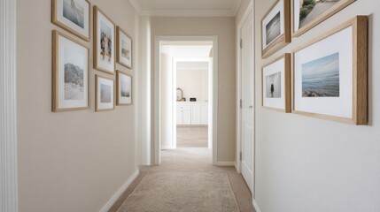 Obraz premium Elegant Hallway Displaying Framed Art and Neutral Tones in Modern Interior Design