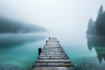 Misty Morning Lake Serenity Wooden Pier Leading to Tranquil Waters Foggy Landscape Nature s Calm Lakeside Retreat