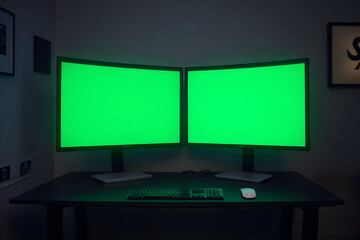 Working at Desk with Two Green Screen Monitors and Computer Accessories