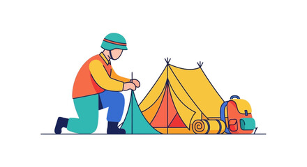 Fototapeta premium Person pitching tent with backpack and sleeping mat for camping adventure