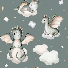Cartoon 2024 New Year's card Dragon seamless pattern, happy new year and christmas childish background