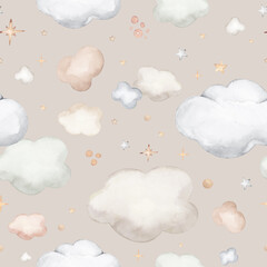 Watercolor floral seamless pattern in cute childish style, colored garden background, hand painting print with abstract flowers, leaves and plants, design texture