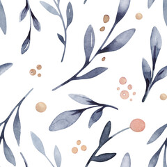 Watercolor floral new year seamless pattern in cute childish style, colored christmas background, hand painting print with abstract flowers, leaves and plants, design texture