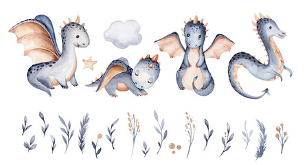 Cartoon 2024 New Year's card Dragon illustration set, happy new year and christmas childish invitation